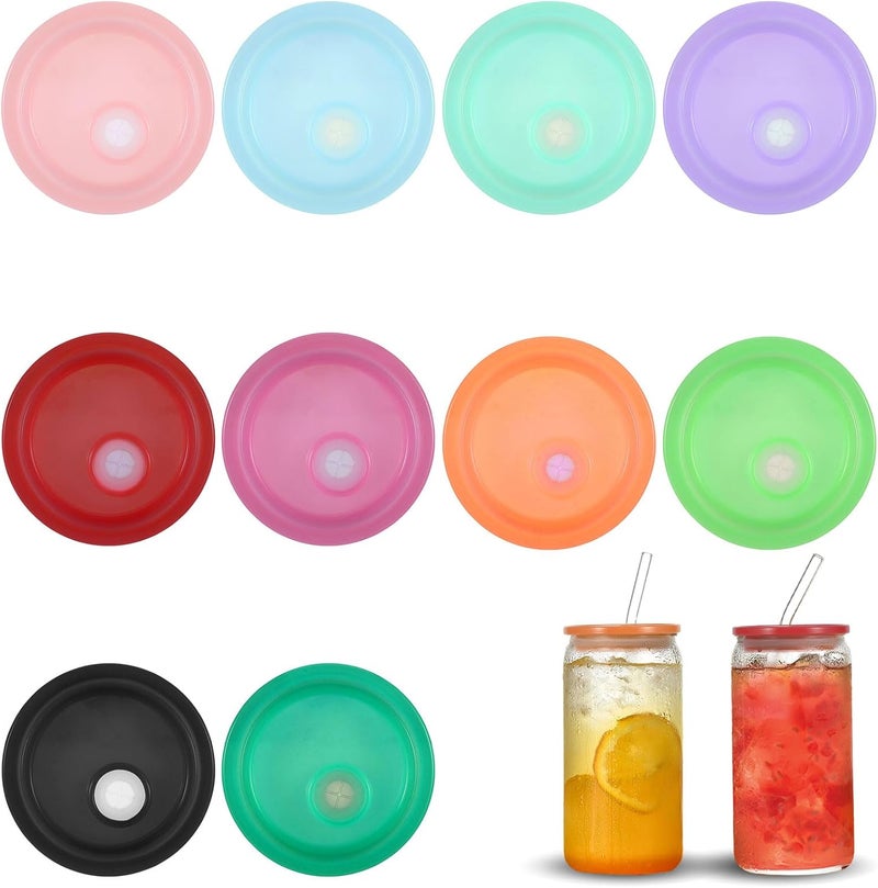 YONHTUTU 10 Pack Acrylic Lids for 16 oz / 20 oz Glass Cups, 2.25in Inner Rim Replacement Lids with Straw Hole for Mason Jar, Spill Proof Reusable Plastic Bamboo Cover for Beer Can Iced Coffee Tumbler Cup Gifts - Image 1